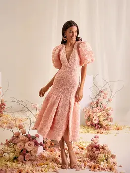 Принцеса рокля на Русалка за бала, секси V-образно деколте, буйни ръкави, без табли, розова вечерна рокля в едно цвете, една чаена дължина, халати De Soriee по поръчка