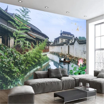 beibehang Големи тапети на стенописите на снимка по поръчка всякакви размери нови китайски ретро тапети за стените на хола с древния град и селската река