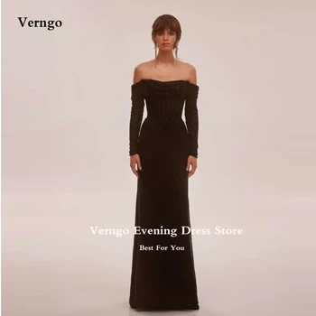 Блестящи черни вечерни рокли Verngo с открити рамене и дълги ръкави, блестящи вечерни рокли за абитуриентски бал, рокля дантела отзад за специални случаи