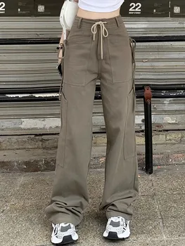 Есенни ретро панталони дамски панталони с карго джоб на съвсем малък Дамски градинска облекло пълна дължина Модни реколта панталони с широки штанинами