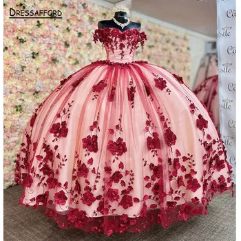 Буйни червени рокли 2023, сладка принцеса с открити рамене, 15-16 години, рокля за бала за рождения ден, празничен подарък, без облегалка
