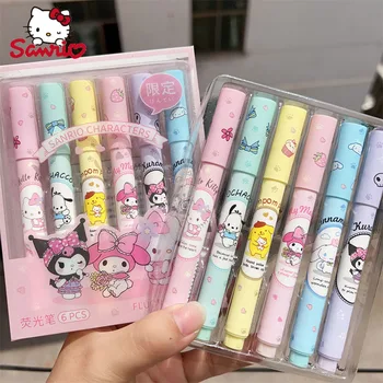 Sanrio 12шт Kawaii Hello Kitty Хайлайтер 6-Цветен висококачествена цветна дръжка опаковка Многофункционален Хайлайтер Kulomi Момиче Сърце