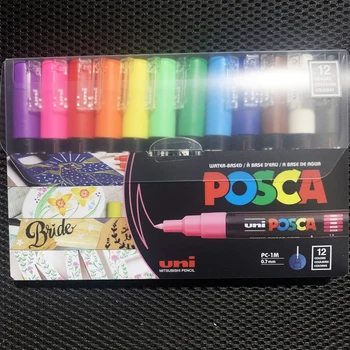 Чувствах върха писалка Uni Posca Paint, 0.7 mm Extra Fine Point, комплект от 12 цвята PC-1M за стенопис, резба, керамика, стъкло, дърво, плат, метал