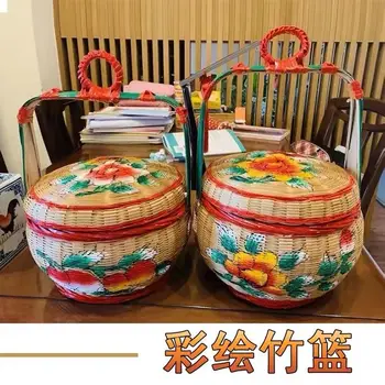Бамбук кошница с ръчно рисувани, Бамбук кошница за съхранение, синя количка за съхранение, сватбена кошница за цветя, традиционно изкуство бамбуковое