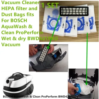 1 прахосмукачка с HEPA филтър и торби за прах е подходящ за BOSCH AquaWash & Clean ProPerform Wet & dry BWD421PRO Vacuum