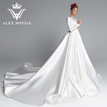 Бална рокля ALEX NOVIAS, Сватбена рокля с дълъг ръкав, 2023, съвременно атласное рокля с влак копчета, Vestidos Novias De Saten