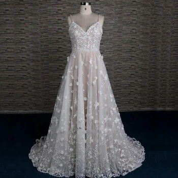 Модерни Сватбени рокли трапецовидна форма с тънки спагети презрамки с дантелен аппликацией Принцеса на поръчка 2023 De Rode Morrie