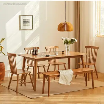 Маса и стол от масивна дървесина, комбинация от малък апартамент, модерен прост ресторант черешов цвят, правоъгълна маса за хранене