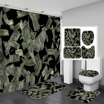 Пари завеса комплект сто долара сметки в брой Бенджамин Франклин профил луксозна модерна душ завеса за баня постелки за баня, постелки за тоалетна