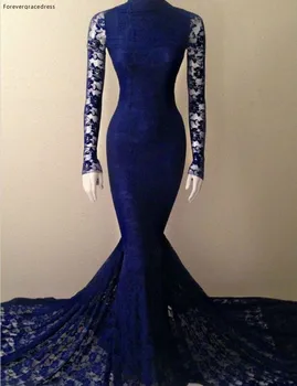 Ново записване, тъмно синьо дантелено вечерна рокля Русалка с високо воротом и дълъг ръкав, дамски дрехи, за специални случаи