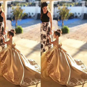 Луксозни златни дантелени рокли с цветя модел за момичета на сватба, празнични рокли за момичета на рожден ден