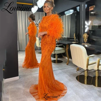 Вечерни рокли, блестящи оранжеви пера, с дълъг ръкав и блестящи кристали, вечерна рокля Русалка, арабско женствена рокля за бала 2023