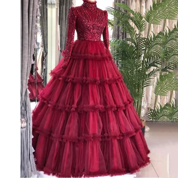 Мюсюлманската Червена Бална рокля, Сватбената рокля 2023, Сватбена рокля с дълги ръкави, луксозен Бисероплетенный дантелен топ с пайети, Гънки с рюшами, Официално облекло на булката