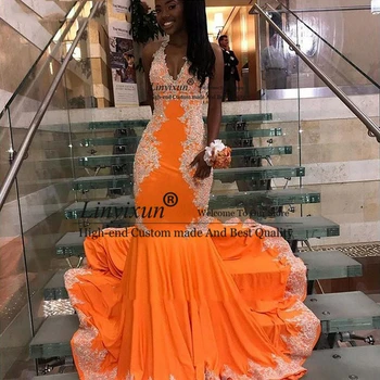 Оранжевото рокля на Русалка на спагети презрамки за бала с кружевными апликации, отворен гръб, секси вечерна рокля в стил трубача, дълга вечерна рокля