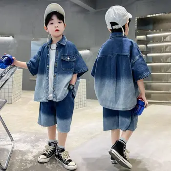 Комплекти за модни дрехи за Малки момчета от 2 до 12 години, Пролет-лято 2023, детски деним костюм в корейски стил за Деца, комплект от две части, Топ + панталони