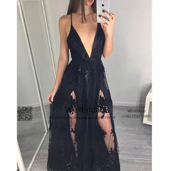 Секси 2017 Нови дълги рокли за абитуриентски бал с дълбоко V-образно деколте на спагети презрамки vestidos de fiesta, дантелени апликации, черна вечерна рокля за абитуриентски бал