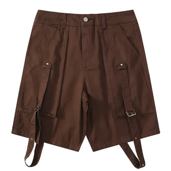 Мъжки къси панталони-карго джобове и лента, летни улични модерен мъжки къси панталони с цвят на черно кафе