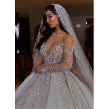 Луксозно атласное бална рокля сватбена рокля с прозрачно деколте и дълги ръкави, расшитое мъниста, с дантелен аппликацией от кристали, атласное сватбена рокля на принцеса 202