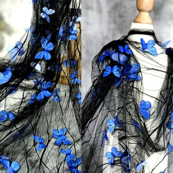 Черна Окото Синьо 3D Цвете Пеперуди Лейси Плат Костюми Сценична стоп-моушън Облекло Сватбената Рокля на Дизайнерски Аксесоари За Декорация на Тъкани