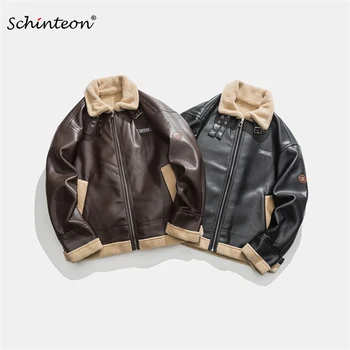 Schinteon, мъжка кожена руното байкерская яке с високо качество, есен-зима, дебела топла горна дреха с отложным яка на палто в английски стил