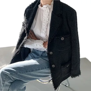 Корейски твидовые якета с пискюли 2023 Casacas Para Mujer, тънки дамски палта с дълъг ръкав, Ежедневни облекла пролет-есен, Топове черен Цвят