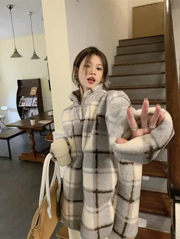 2023 Зимно палто, модерен корейски стил, нов Дизайн, без ревера, топло утолщенное клетчатое плюшевое памучно палто, яке за жени
