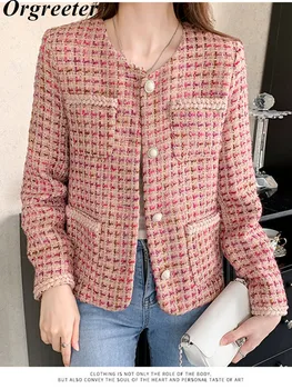 Корейски шик женски туид основен сако, палто, дамски дрехи в стил на модния Подиум, сладка розова клетчатая ежедневни вълнена горна дреха