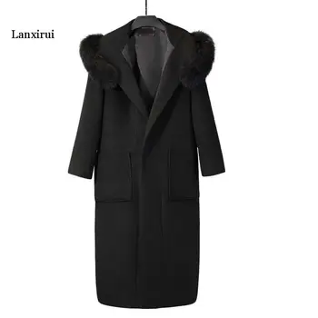 Дамско яке, зимна мода, темперамент, кожа яка, дамско палто, вълнена, Ново гъст топло женско вълна палто с качулка