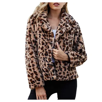 Дамско топло яке с отложным яка, зимни леопардовая руното яке с дълъг ръкав, ежедневното укороченное палто с отложным яка, Veste Femme