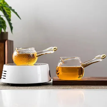 Модерна странична дръжка, стъклена чаша златно фолио, Топлоустойчива стъклена чаен комплект, цедка за чай кунг-фу, устройство за заваряване на чай