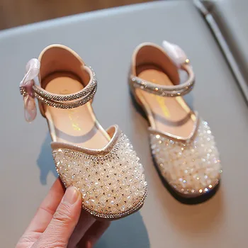 Нова детска кожа обувки, блестящи обувки, за да се изяви, сватбени обувки на принцесата с лък и каишка на щиколотке, детски кристални 284R