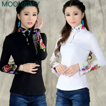 Риза в китайски стил за бременни, дамски есен етническа черно-бяла тениска с бродерия и яка-часова, дамски топ с дълъг ръкав, блуза