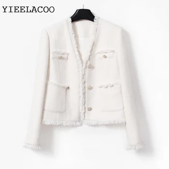 Бяло дамско палто с V-образно деколте, цельнокроеное есенно-зимно дамско палто, ново малко дамско палто с аромат на