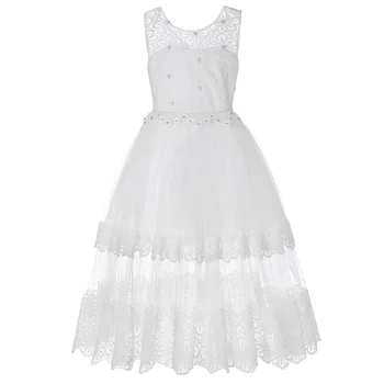 Бяло дантелено дълга рокля на цветчета за момичета, детски сватбена дълга рокля с пола за момичета, дантелено пищни принцеса рокля с диаманти за момичета