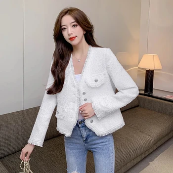 Корейското модно бяло пролет-есен ново ароматно палто в стил ретро с V-образно деколте, всекидневни женски свободен дрипави туид яке, розов, бял, син