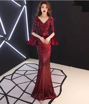 Секси вечерна рокля с пайети от Дубай, луксозно рокля-русалка, дълъг дълбоко V-образно деколте, вино-червено метален колан, къси ръкави, официална вечерна рокля за жените