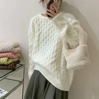 Японски Мързелив пуловер Жена с кръгло деколте, удебелена свободна зимна вътрешна дрехи, дизайнерски стил, модерен пуловер в ретро стил, вязаный топ