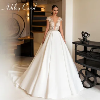 Сватбена рокля трапецовидна форма Ашли Carol 2022, атласное рокля с отворен гръб, расшитое мъниста, сексуална сватбена рокля на принцеса с V-образно деколте и къс ръкав, Vestido De Noiva