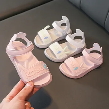 Летни детски сандали за момичета, модни корея, обувки принцеса с сладък заек, обувки с мека подметка за момиченца, розово-бели плажни сандали
