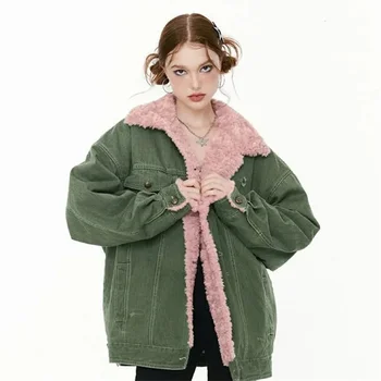 Жена памучни палта от овча вълна и кашмир, деним, зима 2022, нова ретро мода, контрастен кожа яка, trend топ, монофонични цвят
