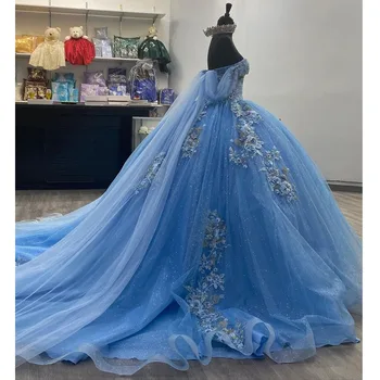 Небето-синьо буйни рокли принцеса с нос-обвивка 2023 Детайли, апликация от перли, дантела корсет, 15 рокли за бала