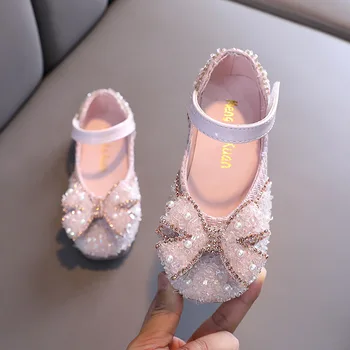 Летни нови обувки с пеперуди и диаманти за момичета, малки детски танцов кожени обувки