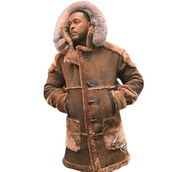 Зимата дебели палта, мъжко дълго палто от велур с топла подплата с меховыми роговыми бутони, кафяво-червена кожа яке с качулка