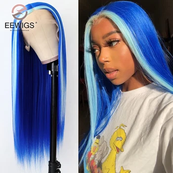 Синтетична тъмно синя подсветка 30-инчов съраунд вълнообразни бесклеевой перука 13 × 4 на дантели отпред, с дълги прави перуки за cosplay, предварително подбрани за черни жени