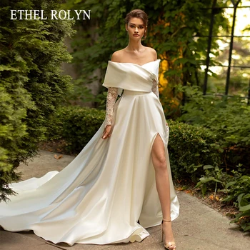 Сватбена рокля Трапецовидна форма ETHEL ROLYN 2022, Елегантни Сатенени Сватбени Рокли Принцеса Булка, Бродирани с Мъниста, С Дълъг ръкав и Намаляване на Дъното