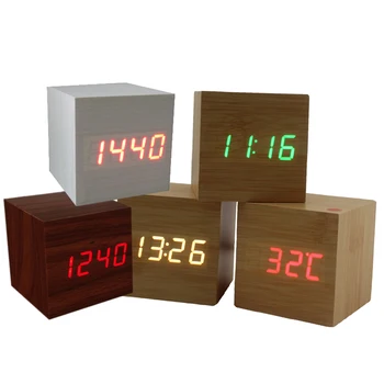 Нов Куб Led Digital alarm clock лека нощ Квадратен Модерен Контрол на Звука Дървени Часовници Дисплей на Температурата С Захранван от USB/AAA 10 Цвята