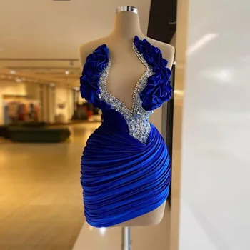 Кралски сини къси рокли за бала 2023, расшитое мъниста Бархатное женствена рокля за парти в чест на рождения ден на мини-вечерни рокли