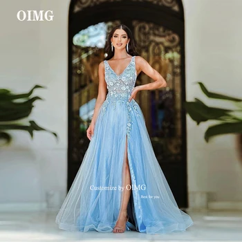 OIMG, блестящо светло син тюл, вечерни рокли за абитуриентски бал, 3D Апликация с цветя, V-образно деколте, секси вечерна рокля в Дубай, рокля за специални случаи