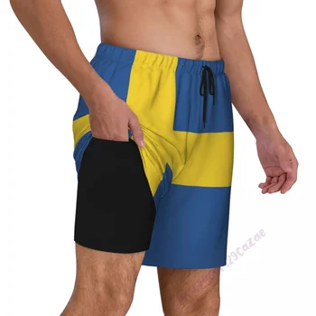 Мъжки бански с 3D-изображение на Флага на Швеция с компрессионной подплата 2 в 1, бързо съхнещи летни шорти за плуване С джобове