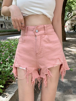 FTLZZ, нови летни дамски модни дънкови къси панталони с дупки, широки пъхтя крака, секси дънкови шорти, дамски ежедневни джобове с висока талия, обикновена дънкови шорти розов цвят